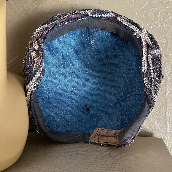 SOPHISTICATED 1950s\' COCKTAIL HAT - SILVER SEQUINS AND BEADS ON PURPLE BASE main image 5